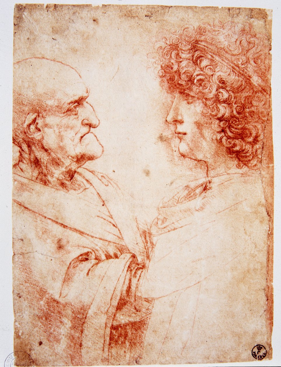 Två mansprofiler, en gammal man och en ung man. Den unge mannen representerar Gian Giacomo Caprotti, känd som Andrea Salai eller Salaij (cirka 1480-1524), Leonards elev och älskare. Ritning a la sanguine av Leonardo da Vinci (Leonard de Vinci) (1452-1519)  av Leonardo da Vinci
