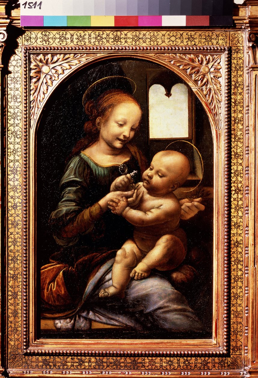 Jungfru och barn med blomma eller Madonna Benois (Madonna med en blomma eller Madonna Benois). Målning av Leonardo da Vinci (Leonardo da Vinci av Leonardo da Vinci
