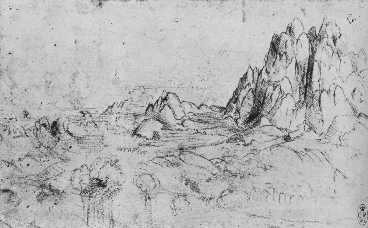 Utsikt över en bergskedja, c1480 1945 av Leonardo da Vinci
