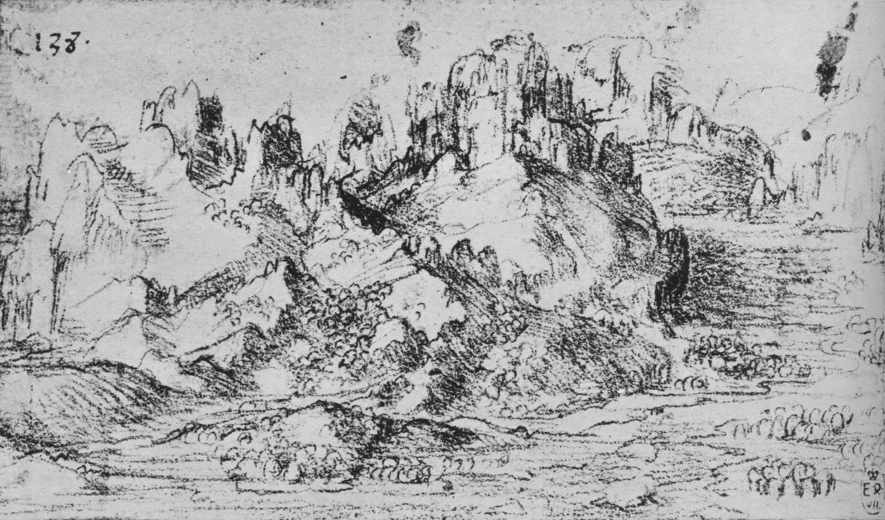 Utsikt över en dal med berg bortom, c1480 1945 av Leonardo da Vinci