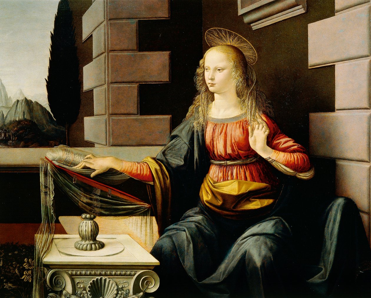Jungfru Maria, detalj från Annunciation, c.1475 (olja och tempera på trä) av Leonardo da Vinci