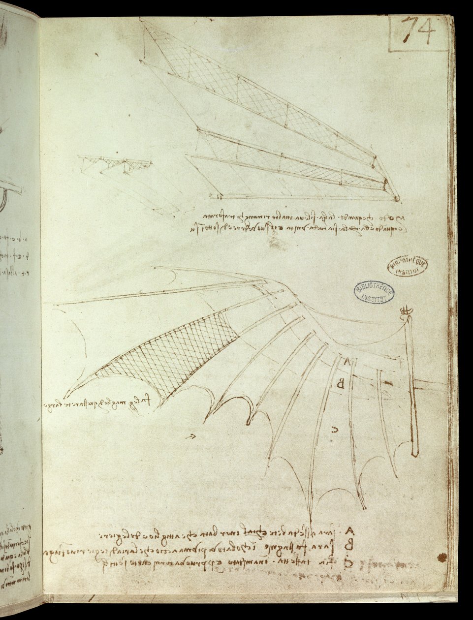 Vinge. Flygande maskinritning. Manuskript av Leonard De Vinci (Leonardo da Vinci av Leonardo da Vinci