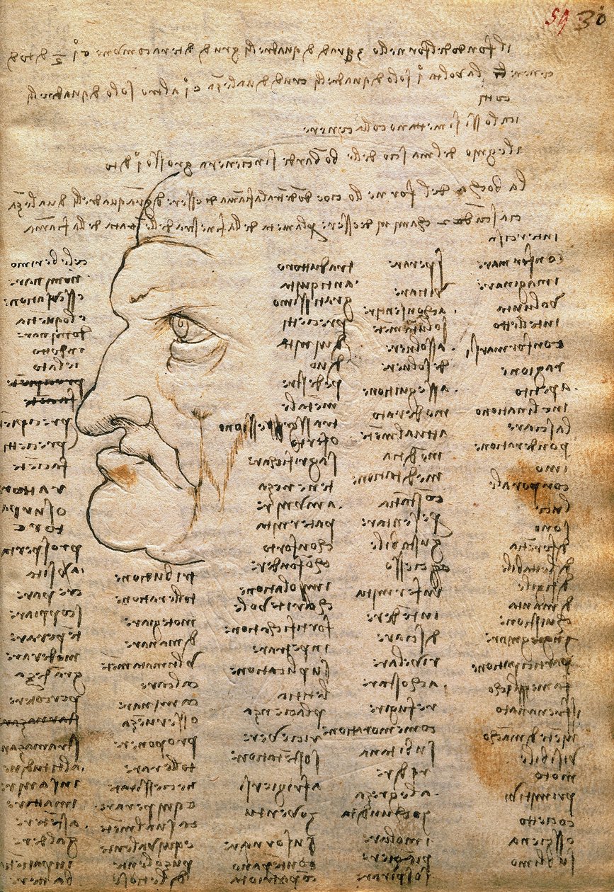 Ordlista och mansprofil, från Codex Trivulzianus av Leonardo da Vinci