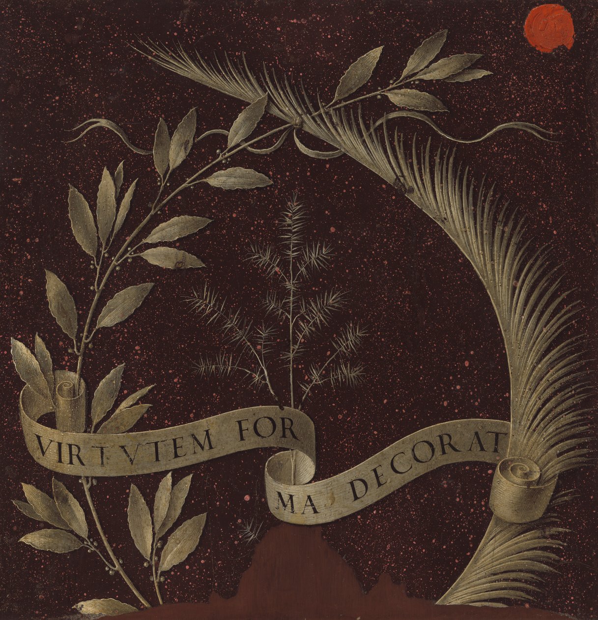 Krans av lager, palm och enbär med en rulle inskriven Virtutem Forma Decorat, c.1474-78 (tempera på panel) av Leonardo da Vinci