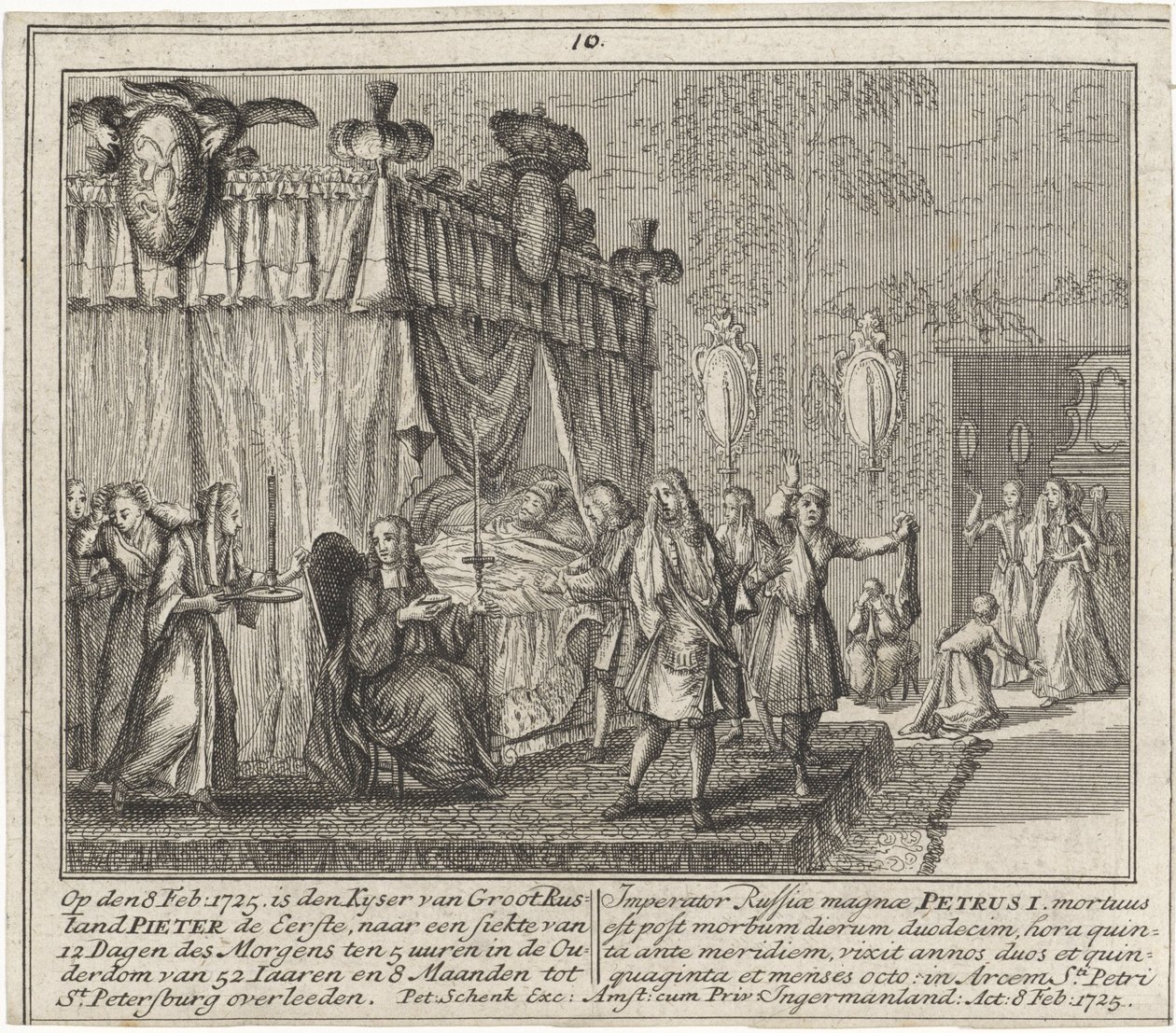La mort de Pierre I le Grand, le 8 feb 1725 - Peter den stores död den 8 februari 1725, av Schenk, Leonard (1696-1767). Koppargravyr av Leonardus Schenk