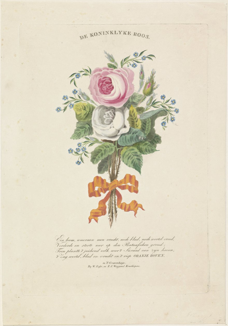 Rosor med siluettporträtt av Vilhelm I Frederik, kung av Nederländerna, Wilhelmina av Preussen, deras barn, hans föräldrar och hans syster av Leonardus Schweickhardt