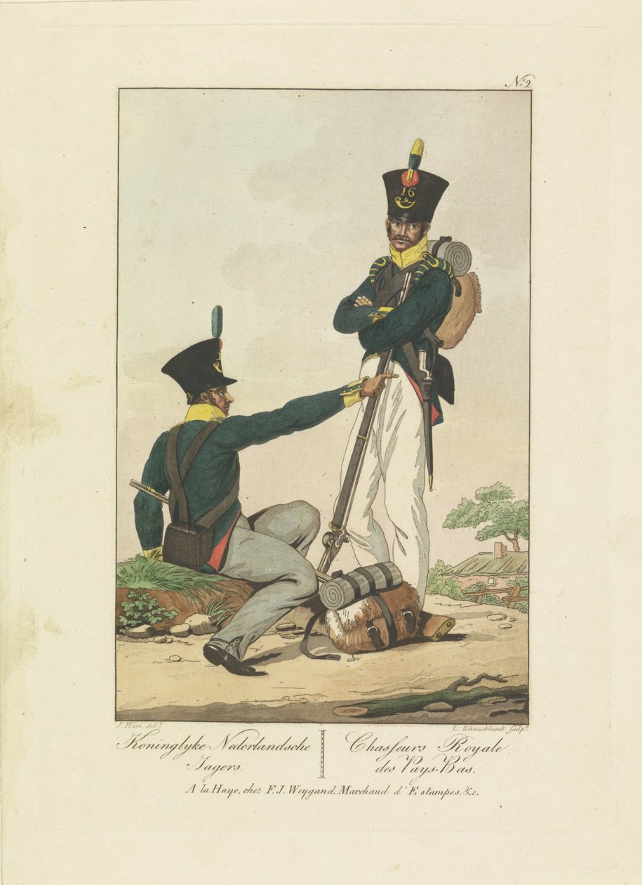 Två jägare, 1814-1818 Koninglyke Nederlandsche Jagers / Chasseurs Royale des Pays-Bas (titel på objekt) Sju uniformsföreställningar 1814-1818 (serietitel) av Leonardus Schweickhardt