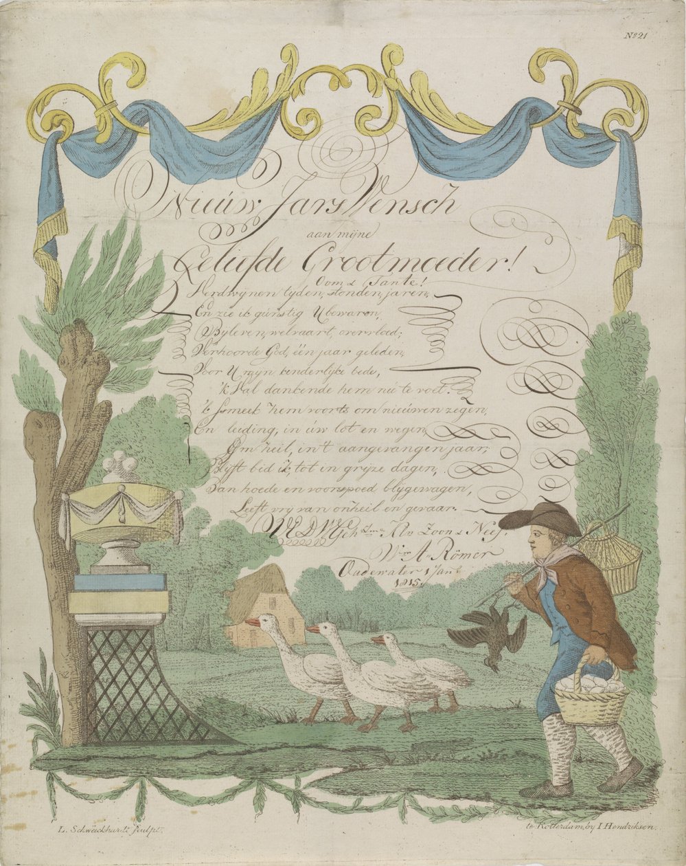 Önskebrev med en bonde och hans gäss av Leonardus Schweickhardt