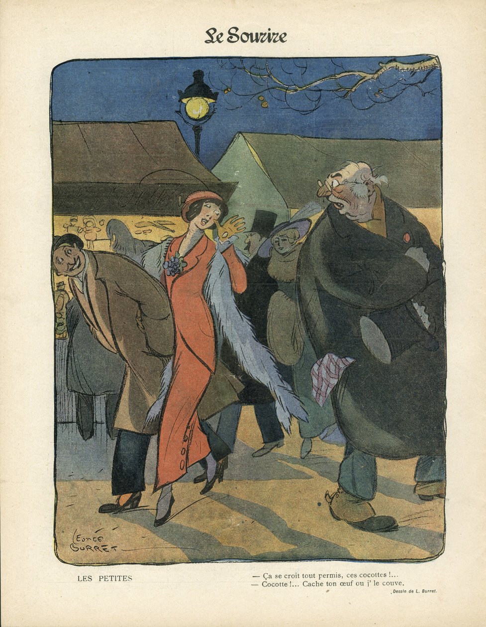 Illustration av Leonce Burret (1865-1915) i Le Smile, nr. 4, 23/01/13 - Les petites - Nocturne, Prostitution, Pappersgrytor, Golvlampa, Päls av Leonce Burret