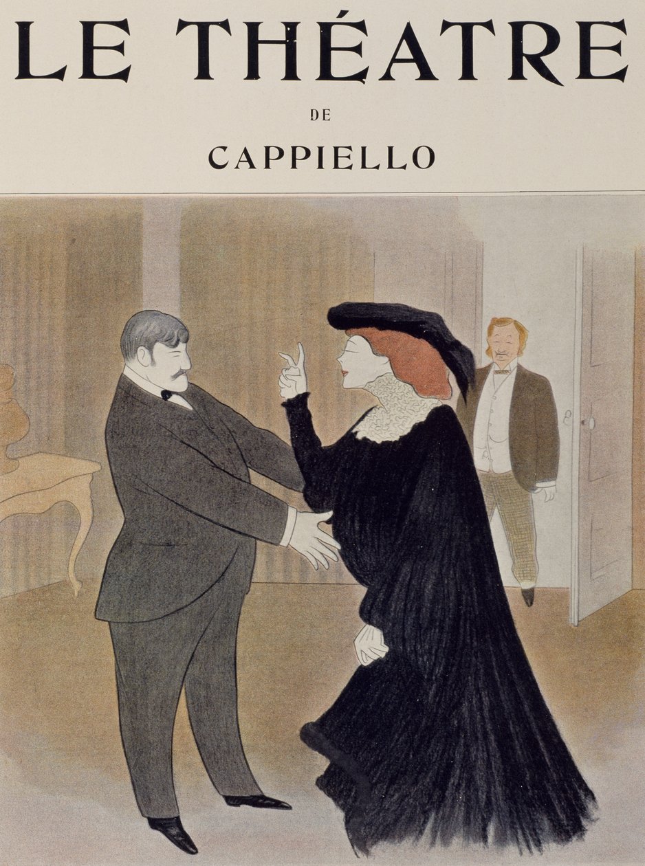 Skådespelarna Lucien Quitry och Jane Harding i scen från La Chatelaine, uppträdde på Renaissance Theatre i Paris, teckning av Leonetto Cappiello (1875-1942), titelsida för tidskriften Theatre, april 1903 av Leonetto Cappiello