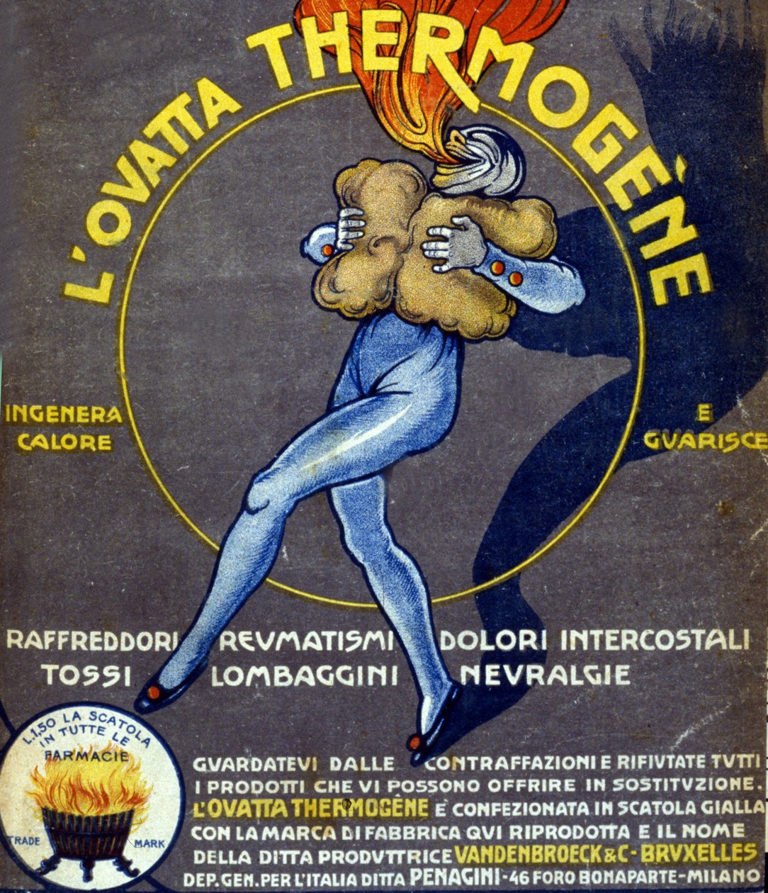 Annons för termogen bomullsull som botar förkylningar, inre smärtor, reumatism, hosta, neuralgi och ryggraden. Teckning av L. Cappiello (1875 - 1942) Italien, 1900-talet. av Leonetto Cappiello