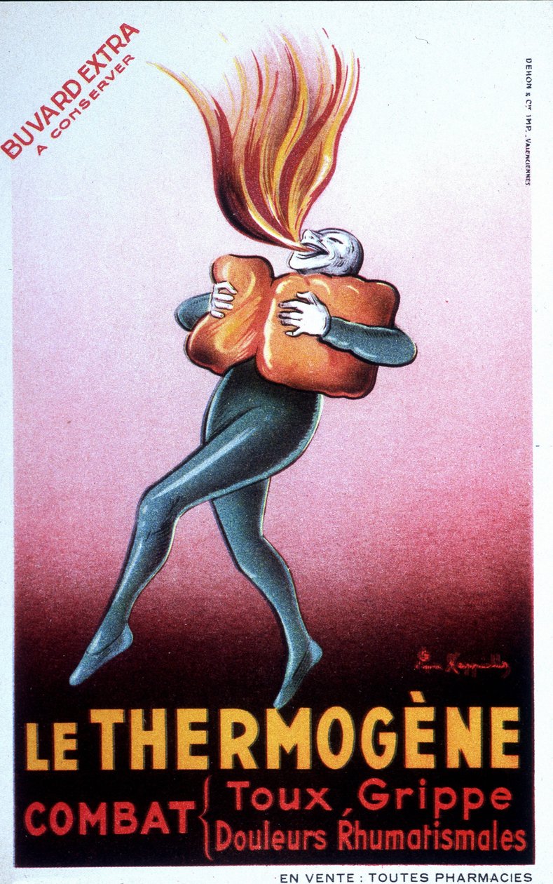 Reklam för termogen vadd som läker förkylningar, interkostal smärta, reumatism, hosta, neuralgi och lumbagos. Fransk Bouvard. början av 1900-talet av Leonetto Cappiello