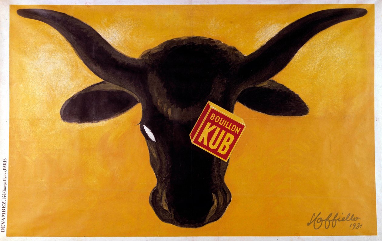 Reklamaffisch för Kub-buljong med nötköttshuvud. 1931. Illustration av Leonetto Cappiello (1875-1942) Paris, dekorativ konst av Leonetto Cappiello