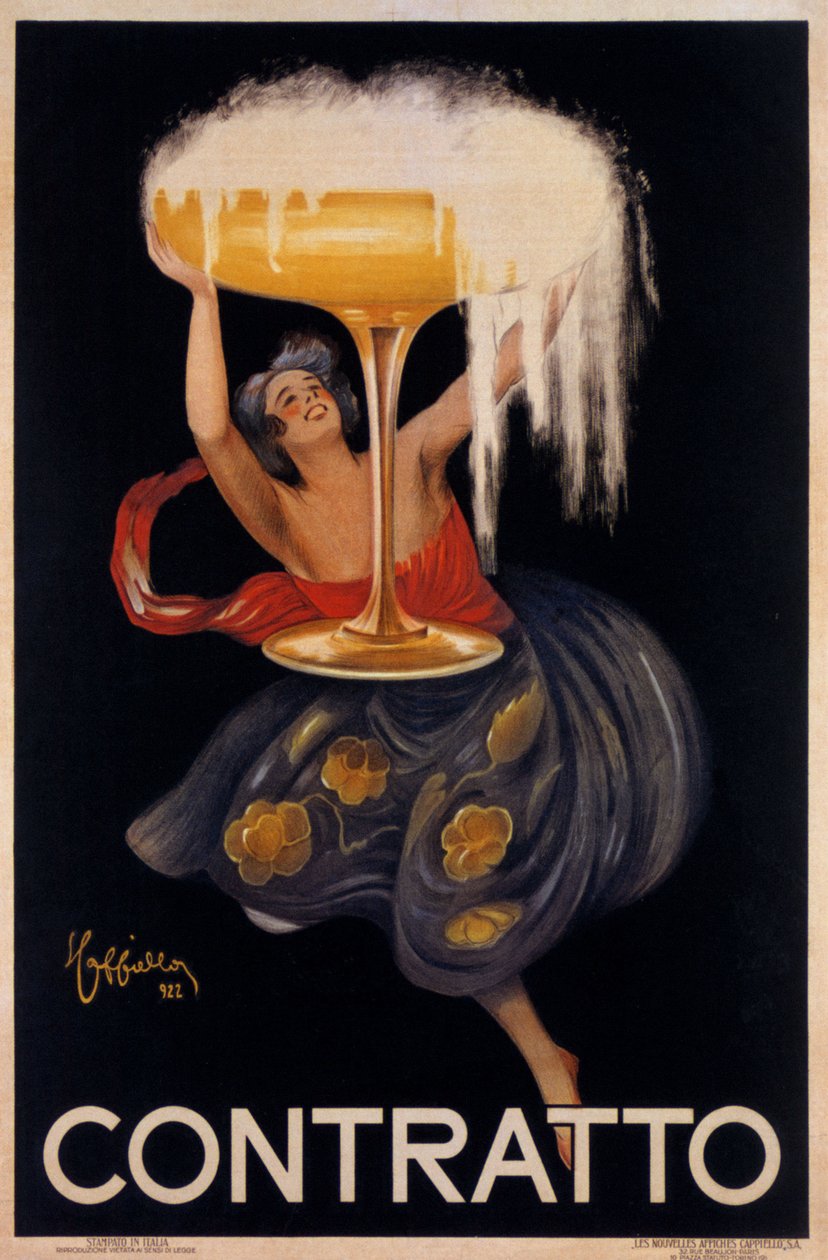 Reklamaffisch för det mousserande vinet "" Contratto "": en liten älva, en tomte som lyfter en enorm kopp. Illustration av Leonetto Cappiello (1875-1942) 1922 av Leonetto Cappiello