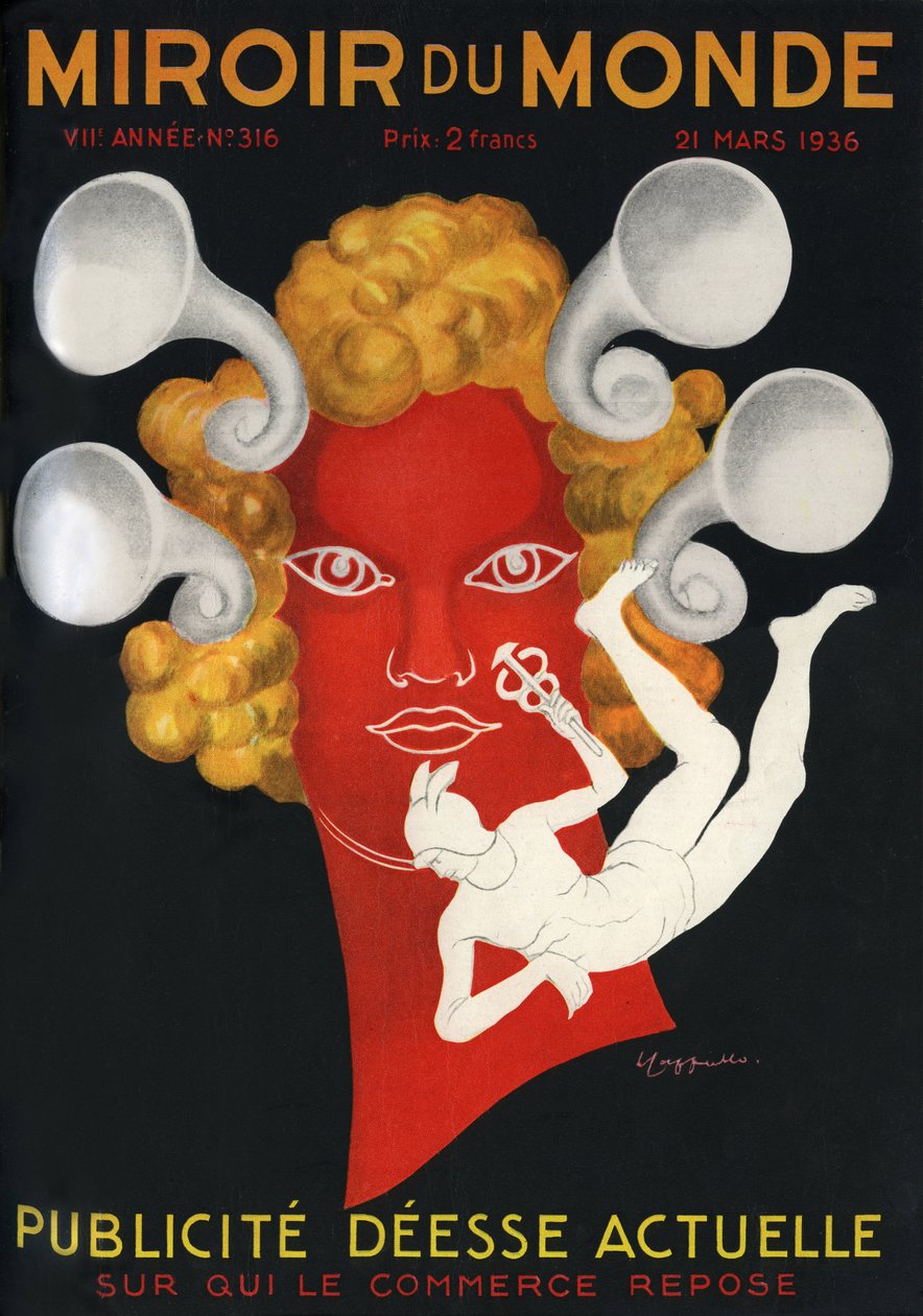 Allegori om reklam "" Nuvarande gudinna på vilken handeln vilar"", med Mercury, gud för resenärer och handel. Omslag till tidningen Mirror du monde nr 316, 21 mars av Leonetto Cappiello