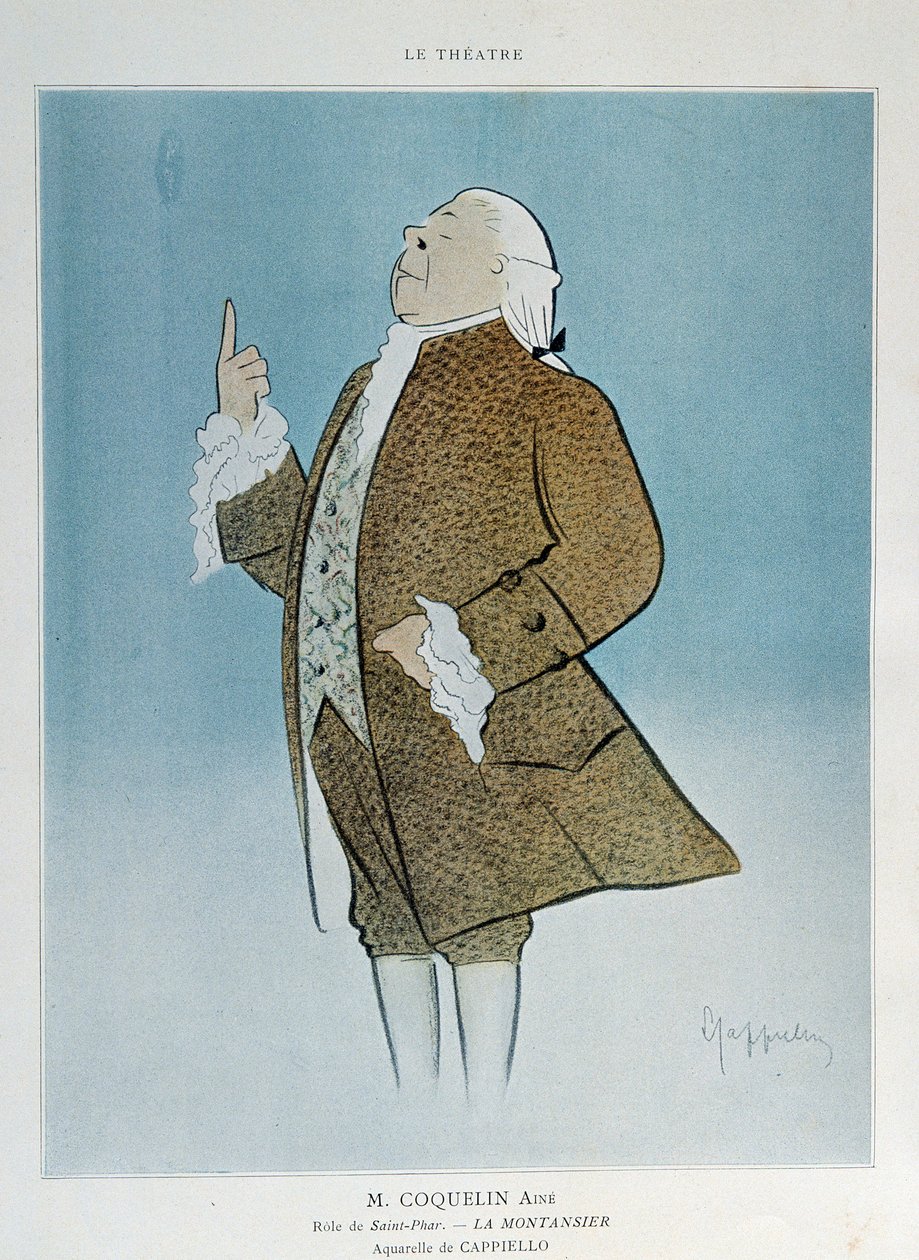 Komikern Constant Poppy Groin (1841-1909) i rollen som Saint Phar i Rejanes "La Montansier" 1904. Akvarell av Leonetto Cappiello (1875-1942) Paris. Dekorativ konst av Leonetto Cappiello