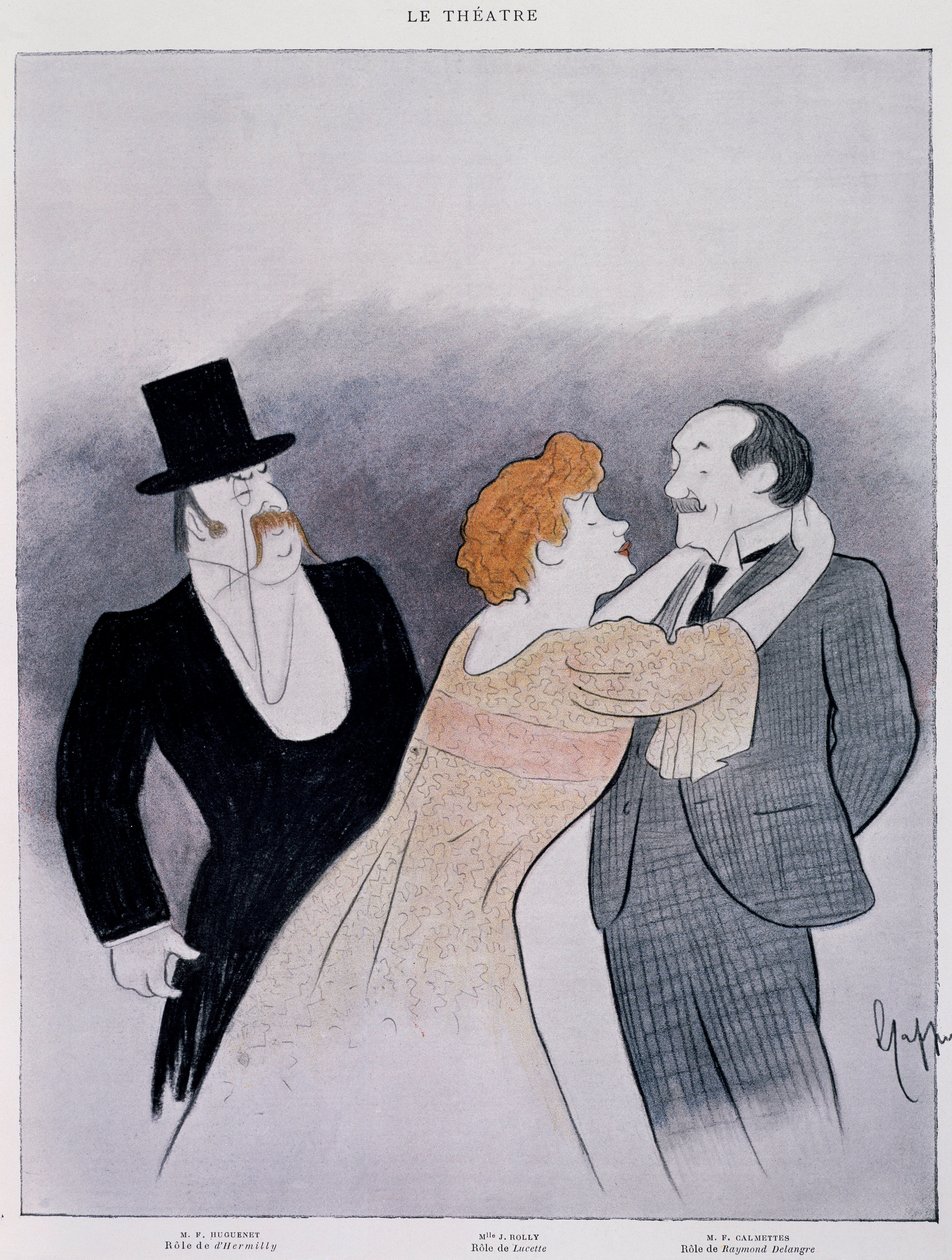Teckning från pjäsen "le Secret de Polichinelle" av Pierre Wolff - utdrag ur tidningen Le Theater av Leonetto Cappiello