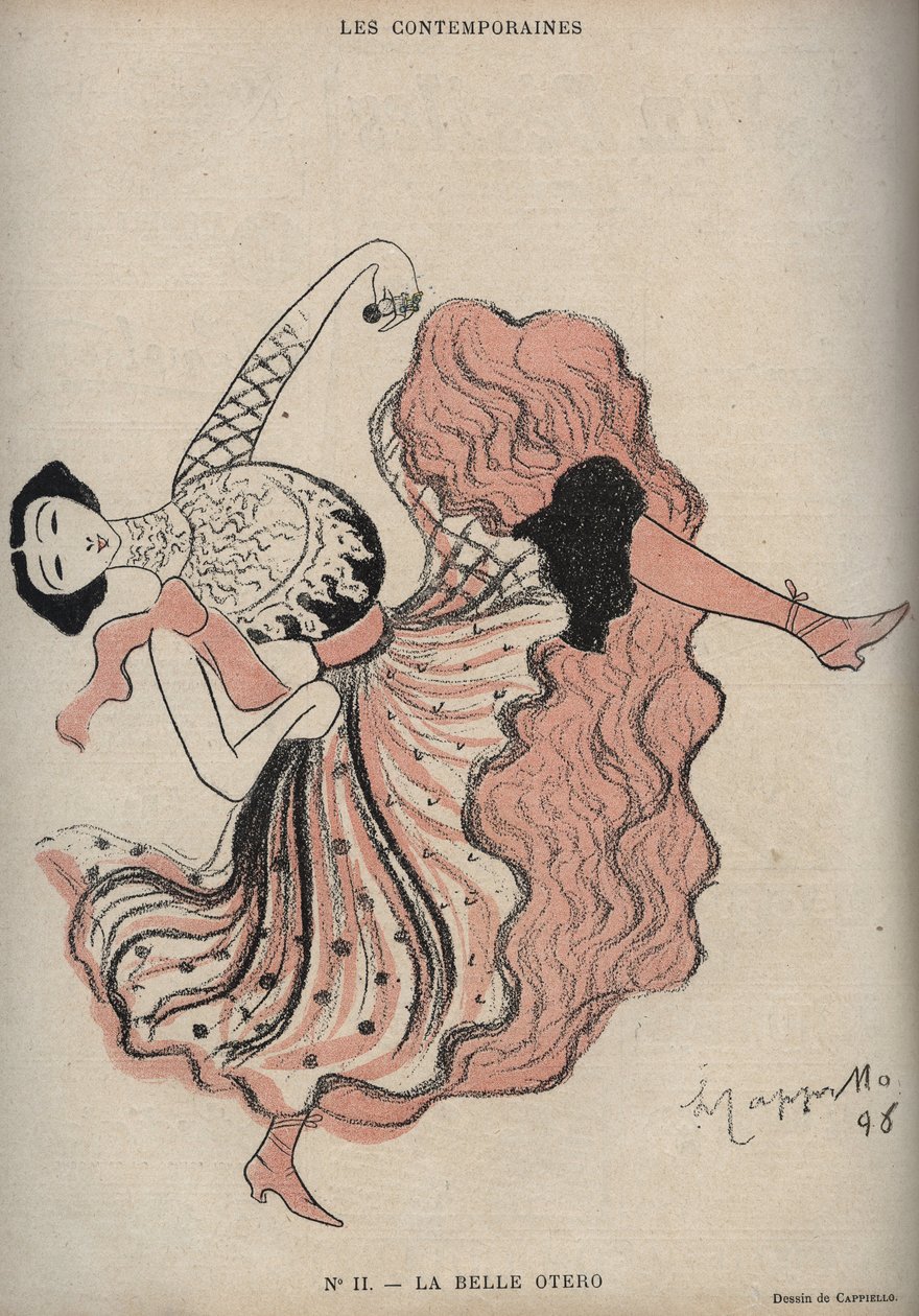 Porträtt av Caroline (La Belle) Otero (1868-1965), spansk dansare och kurtisan - teckning av Leonetto Cappiello (1875-1942) i ""The Rire"" från 1898 av Leonetto Cappiello