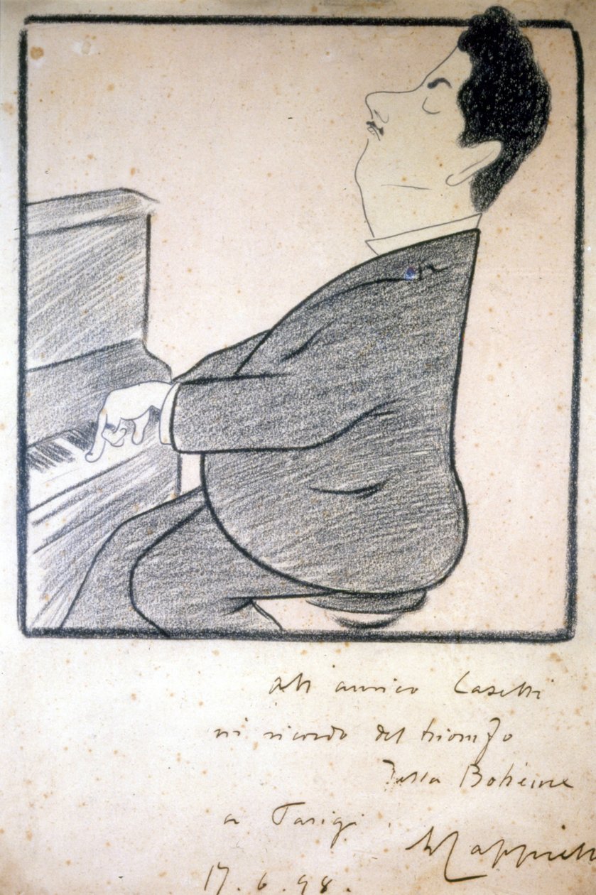 Porträtt av Giacomo Puccini (1858-1924), italiensk kompositör. Karikatyr av Leonetto Cappiello. av Leonetto Cappiello