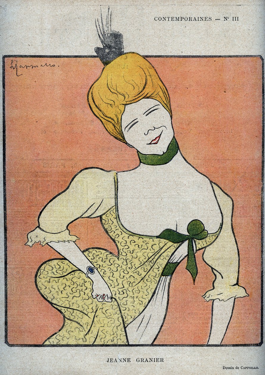 Porträtt av den franska komikern Jeanne Granier (1852-1939) - teckning av Leonetto Cappiello (1875-1942) i ""The Rire""" från 1898 av Leonetto Cappiello