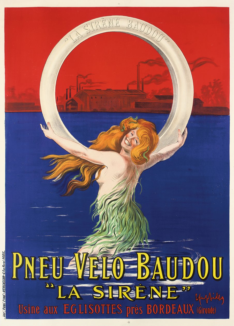 Affisch som reklamerar "La Sirene" cykeldäck tillverkade av Pneu Velo Baudou, ca 1920 av Leonetto Cappiello