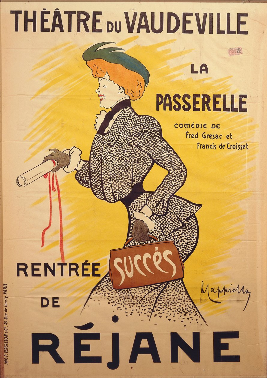 Affisch för komedin "La passerelle" av Francis de Croisset (1877-1937) och Fred De Gresac (1879-1943) på Theatre du Vaudeville med Rejane av Leonetto Cappiello