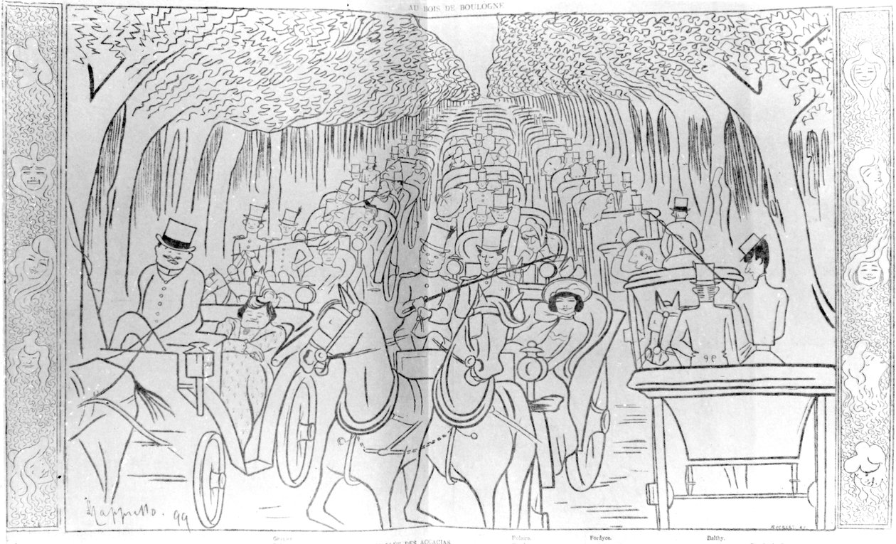Scen, Music Hall och Operastjärnor från Belle Epoque-eran, kör i Bois de Boulogne, Avenue des Acacias, Paris, humoristisk karikatyr från 