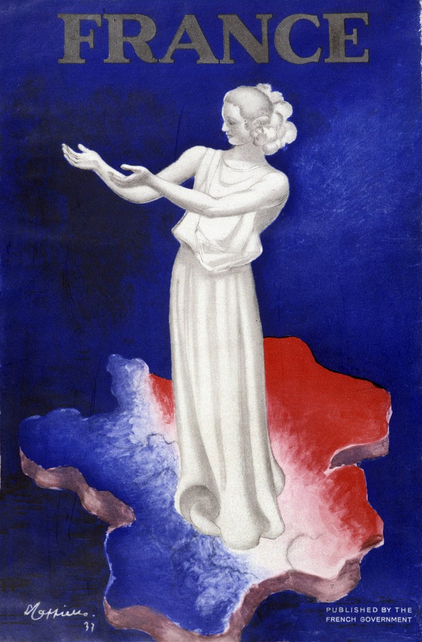Kvinna som representerar Frankrike - Affisch i blå-vit-röda färger av Leonetto Cappiello