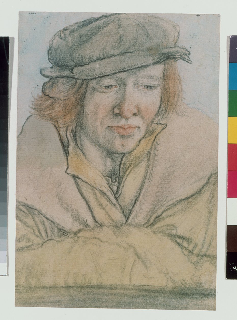 Porträtt av en ung man med keps (krita, tvätt och bodycolour på papper) av Leonhard Beck