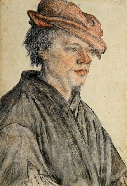 Porträtt av en ung man i mössa och vänd åt höger, ca 1500-42 (krita och tvätt på papper) av Leonhard Beck