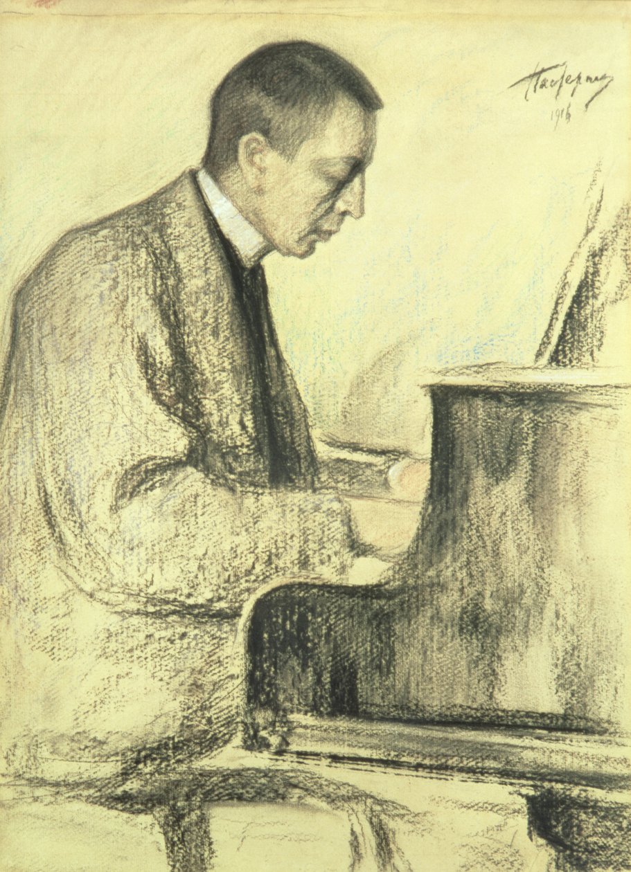 Porträtt av Sergei Vasilievich Rachmaninov (1873-1943) vid pianot, 1916 (pastell på papper) av Leonid Osipovic Pasternak