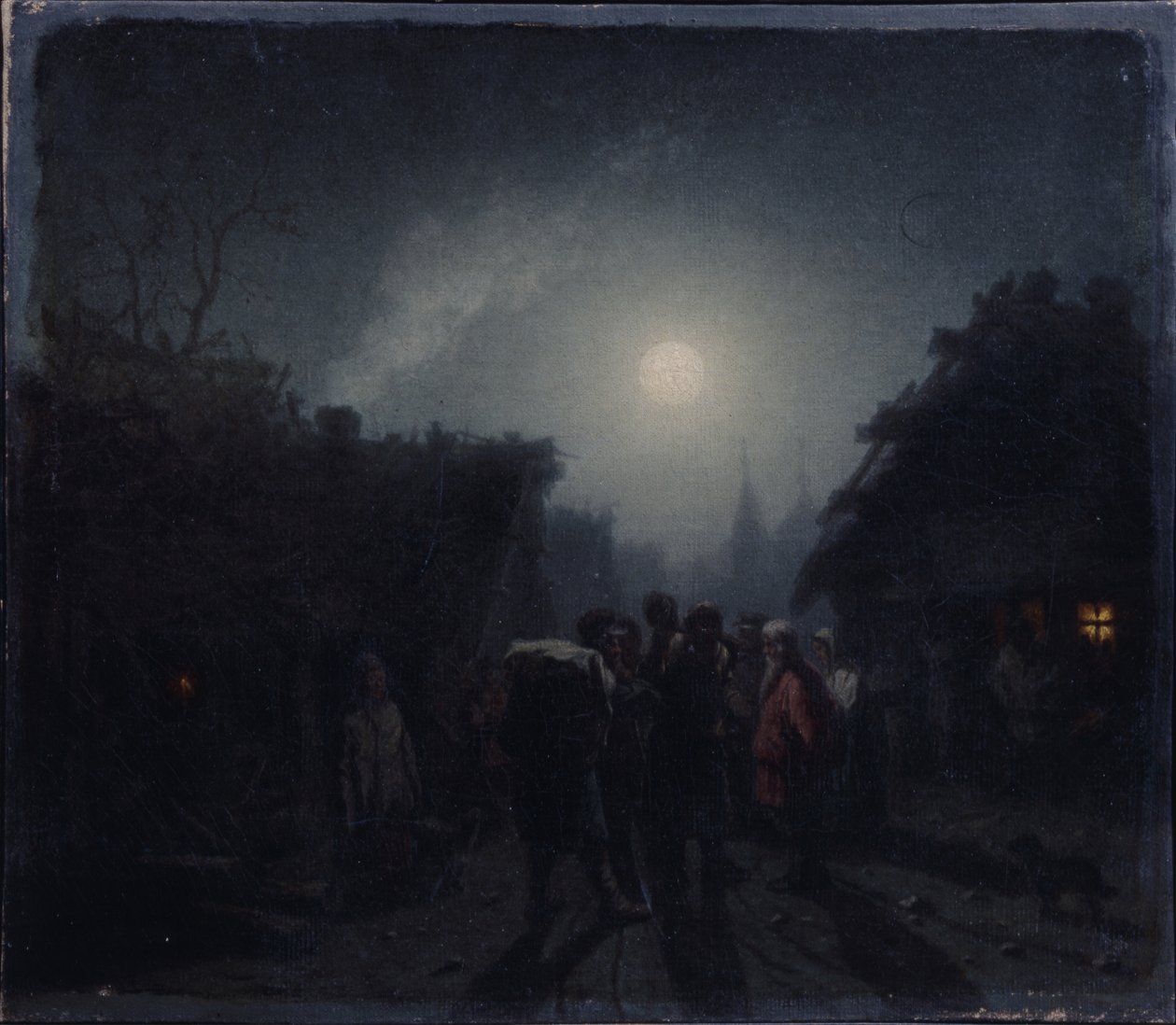 Innan en krog. Nattscen, 1860-1870-tal av Leonid Ivanovich Solomatkin