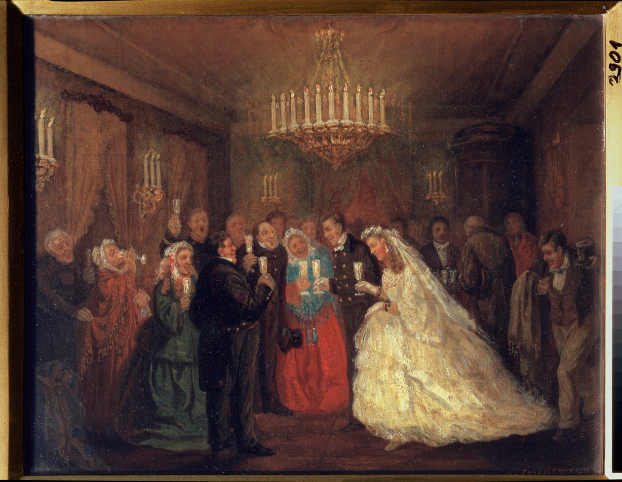Bröllopet. (Bröllopsgästerna klirrar med glasögon runt de nygifta.) Målning av Leonid Ivanovich Solomatkin (1837-1883), olja på duk av Leonid Ivanovich Solomatkin