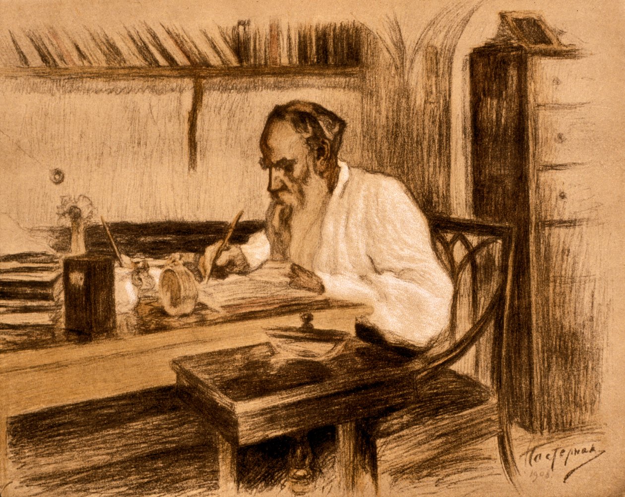Greve Lev Tolstoj i sitt arbetsrum. 1908 (litografi) av Leonid Osipovic Pasternak