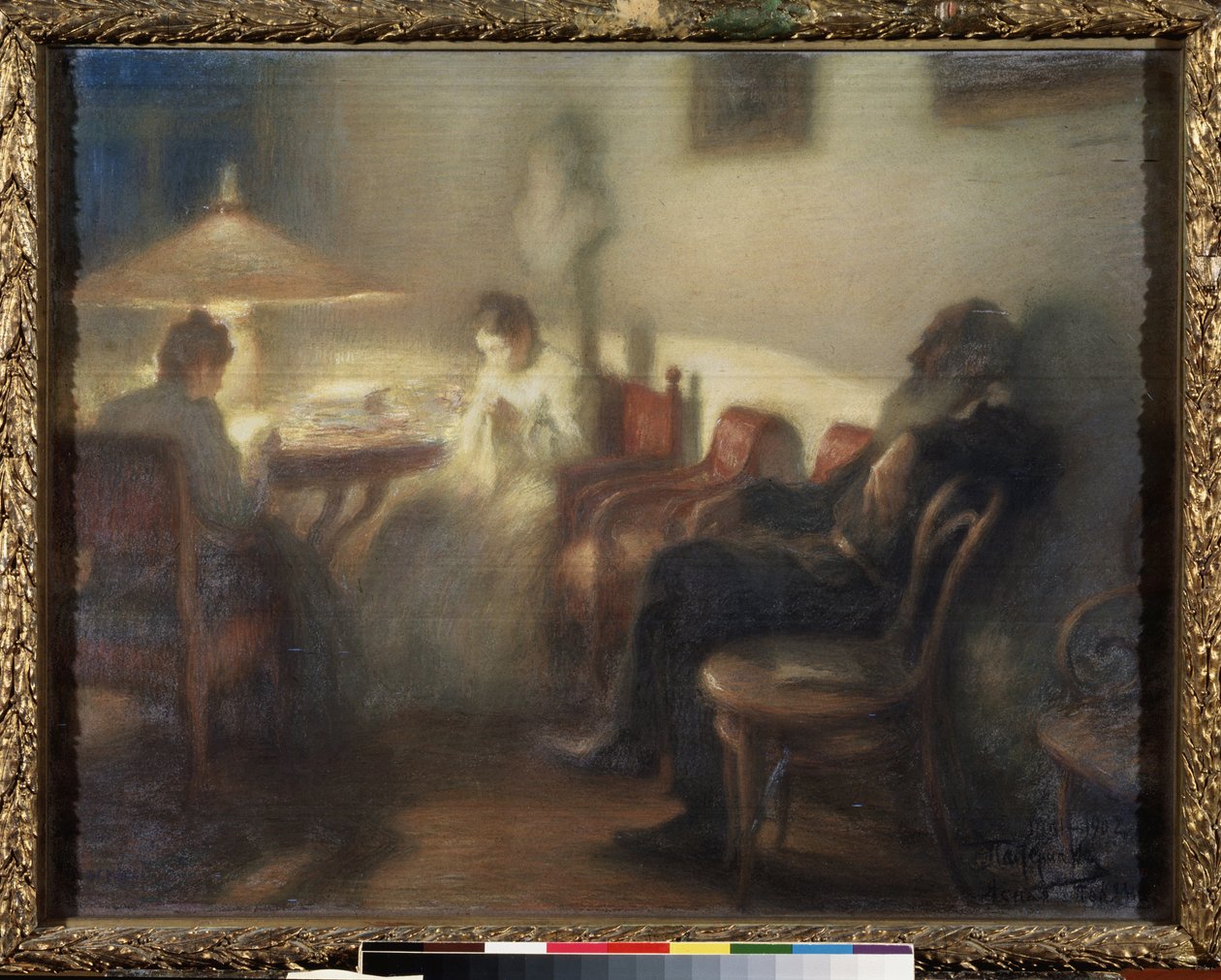 Författaren Leon Tolstoy (1828-1910) med sin familj i Yasnaya Polyana (Författaren Leo Tolstoy med sin familj i Yasnaya Polyana). Verk av Leonid Osipovich Pasternak (1862-1945), pastell på papper av Leonid Osipovic Pasternak