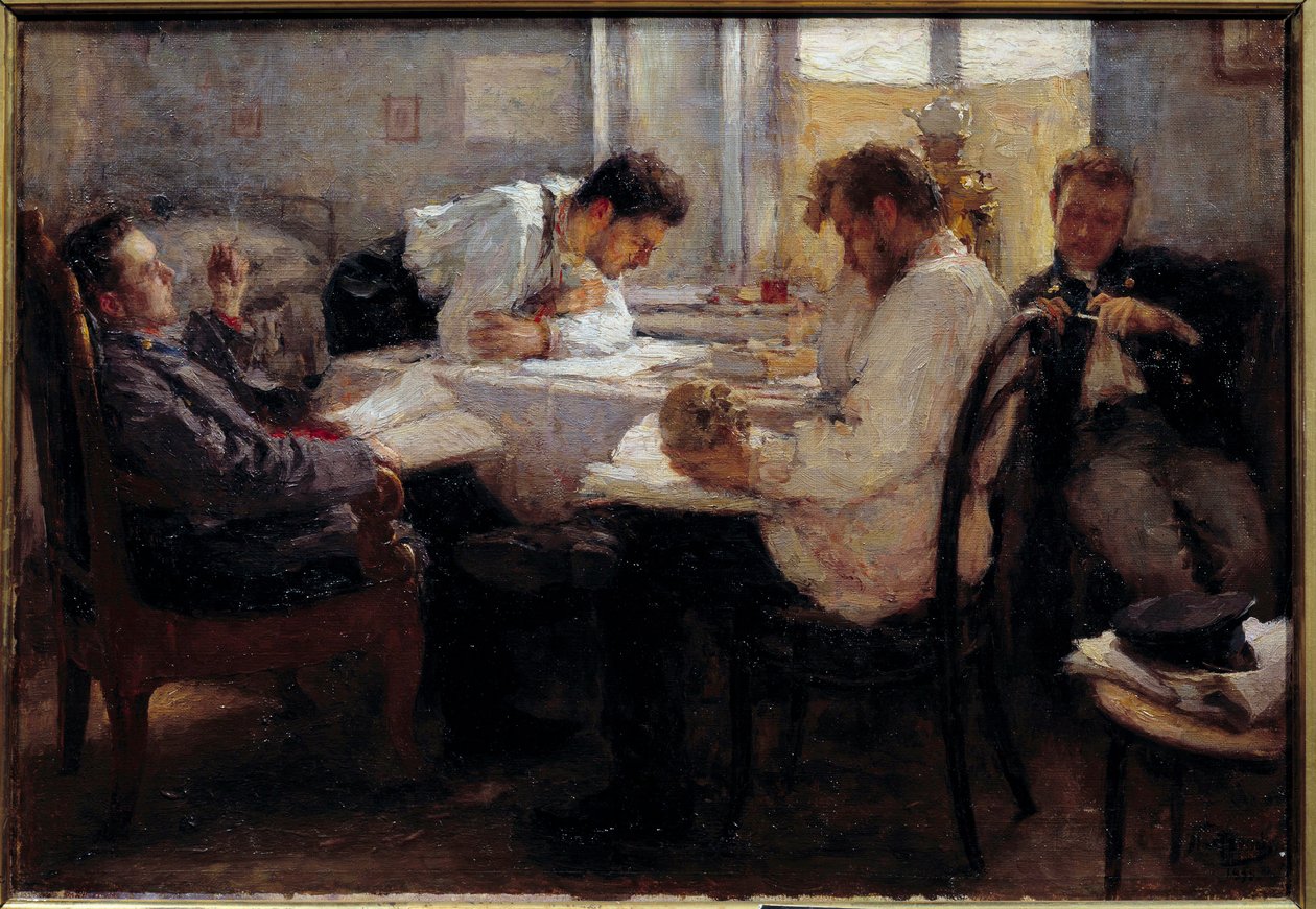 På tröskeln till tentamen Studenter som granskar tentorna. Målning av Leonid Osipovich Pasternac (1862-1945) 1895 Sön. 0,39x0,55 m Paris, musee d