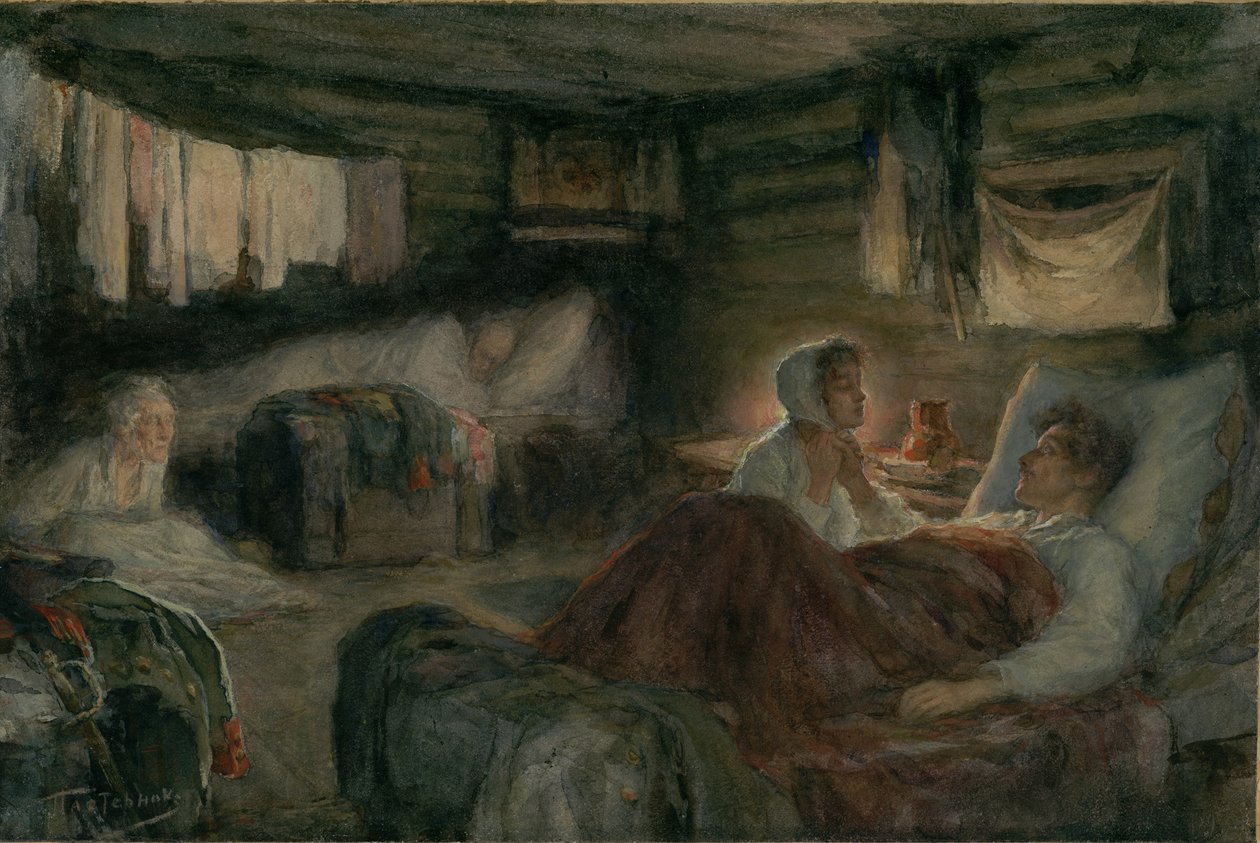 Natasha och den sårade prins Andrei i Mytishchi. Illustration till romanen Krig och fred, 1893. av Leonid Osipovich Pasternak