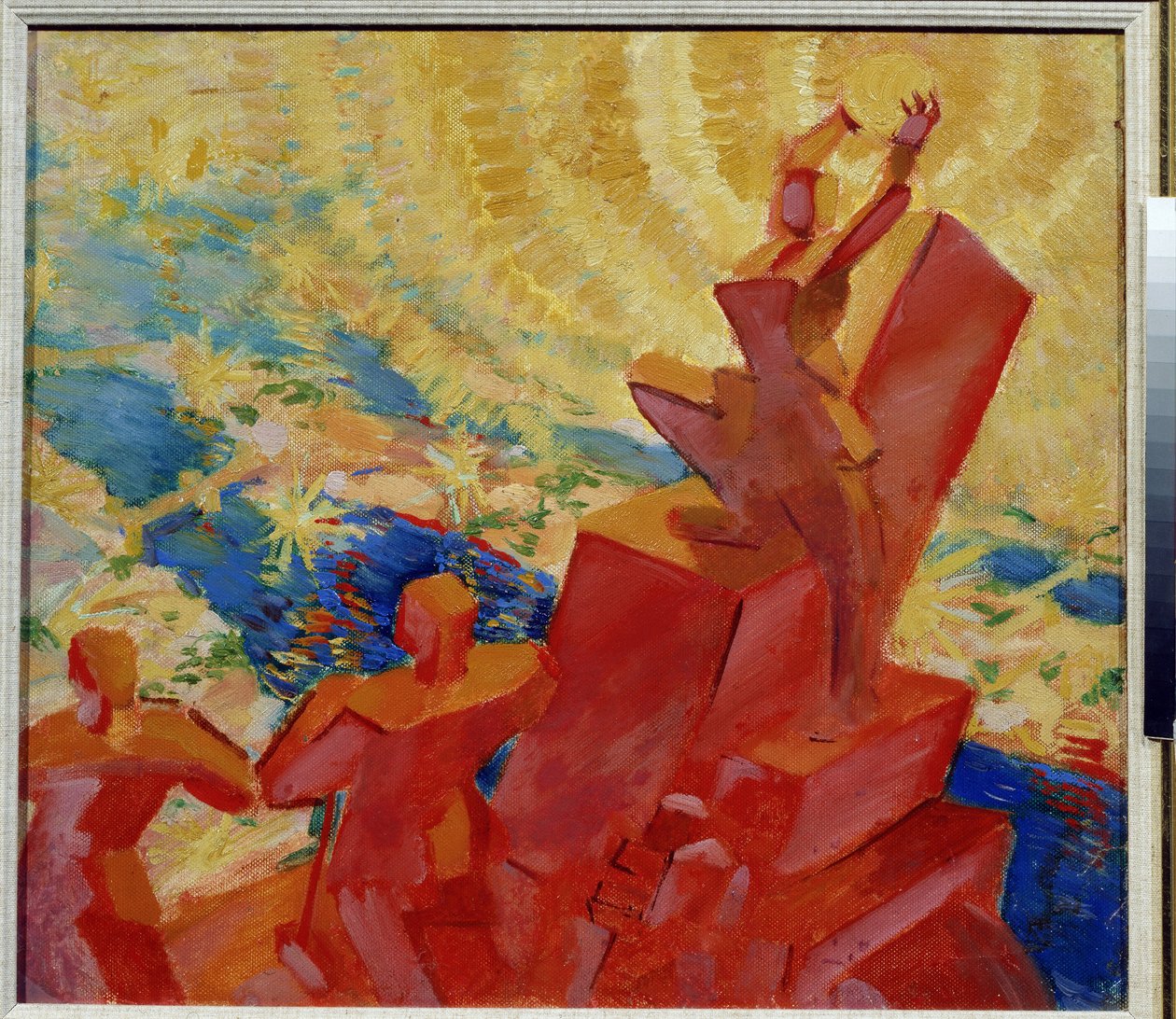 I solen (Till solen). Färgat landskap med en av figurerna som håller solen i händerna. Målning av Leonid Terentlevich Chupyatov (1890-1941). Olja på duk av Leonid Terentlevich Chupyatov