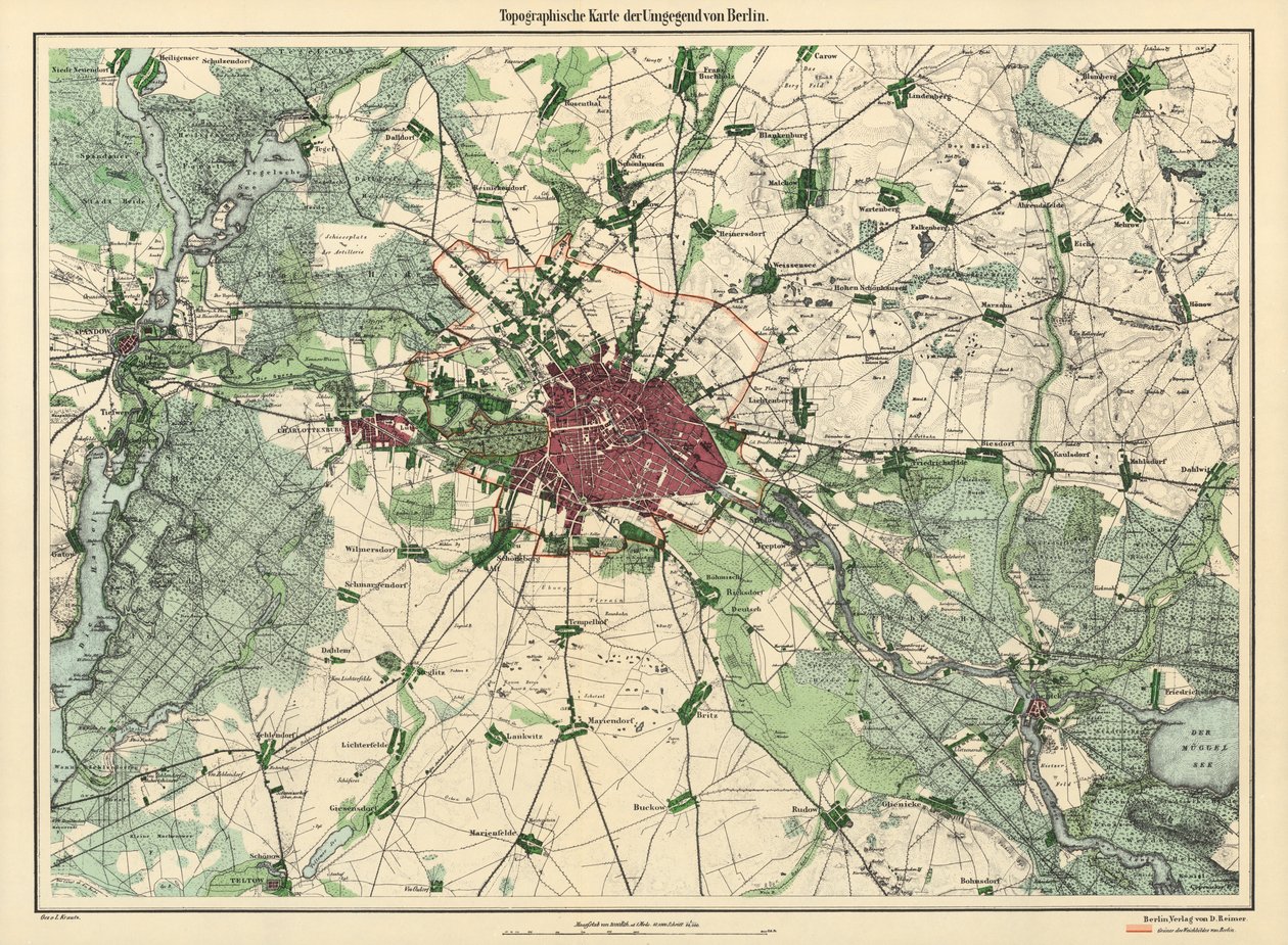 Karta över Berlin, utgiven av D. Reimer Verlag, Berlin, 1871 (färgstick) av Leopold Kraatz
