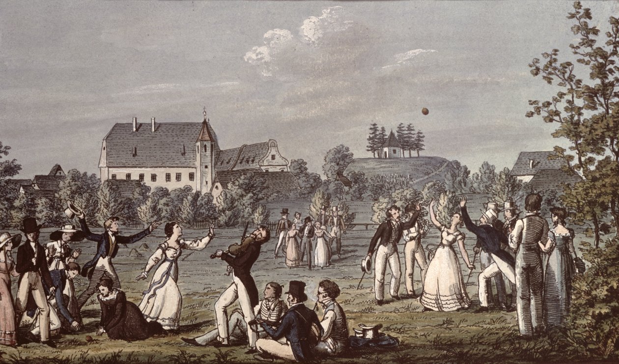 Bollspel i Atzenbrugg med Franz Schubert (1797-1828) och vänner i förgrunden (penna och bläck och wc på papper) av Leopold Kupelwieser