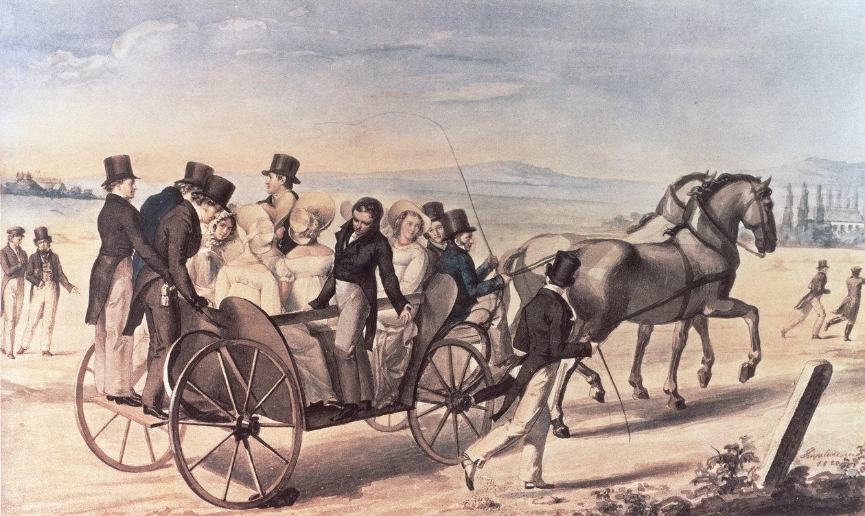Schubertianernas utflykt från Atzenbrugg till Aumuhl, med Franz Peter Schubert (1797-1828) stående till vänster med konstnären, 1820 av Leopold Kupelwieser