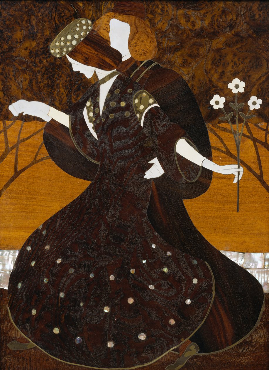 Byrå, ca 1908, av Leopold Bauer (1872-1938), valnöt, mässing och pärlemor, Detalj, Österrike, 1900-talet av Leopold Bauer