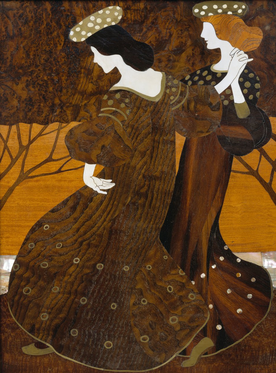 Byrå, ca 1908, av Leopold Bauer (1872-1938), valnöt, mässing och pärlemor, Detalj, Österrike, 1900-talet av Leopold Bauer