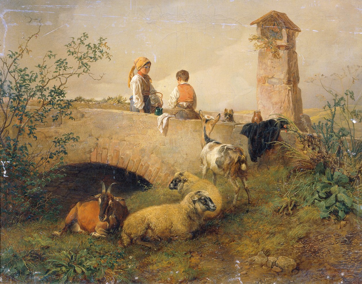 Pojke och flicka med får och getter av Leopold Brunner d. J.