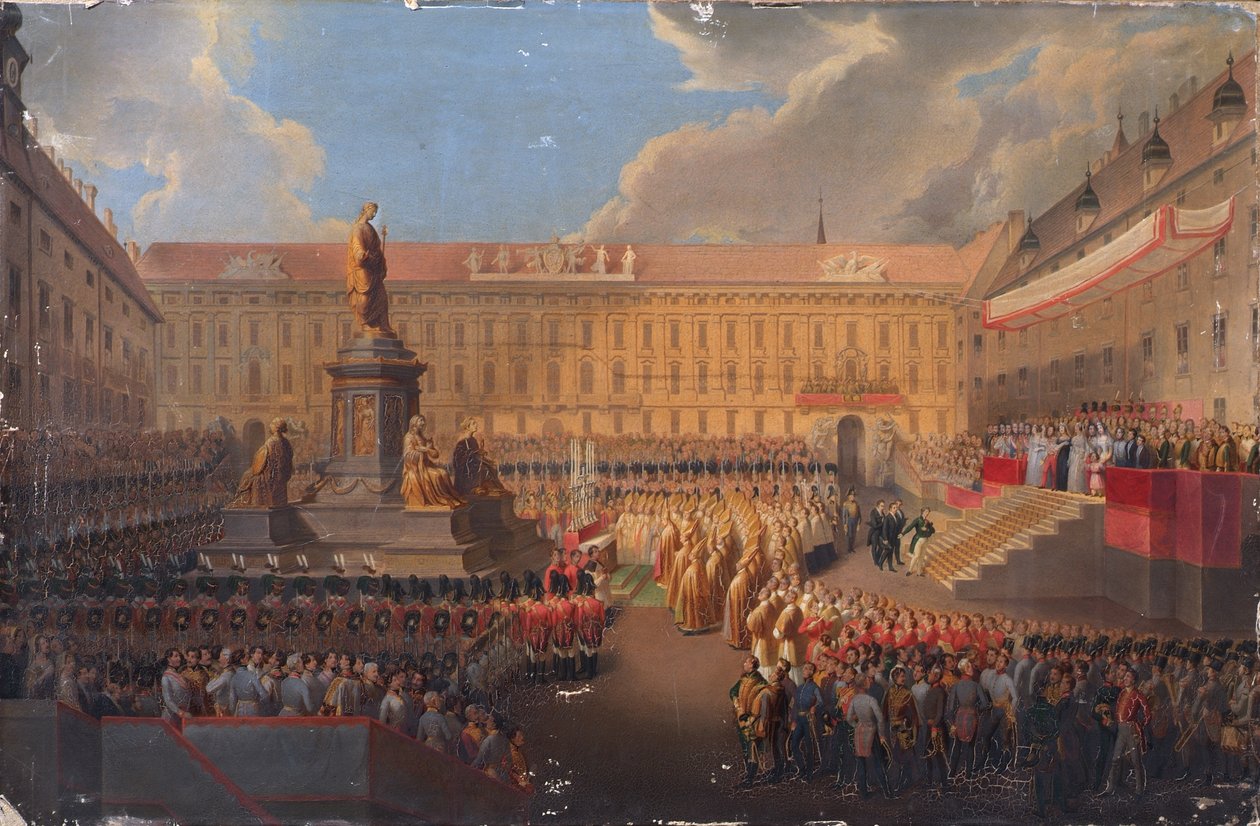 Avtäckning av monumentet till kejsar Franz I av Österrike den 19 juni 1846 på Wiens Franzensplatz av Leopold Bucher