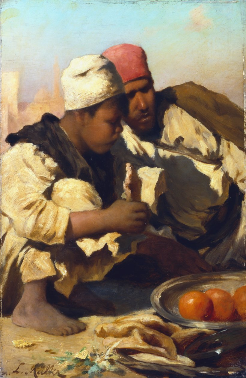 "Araber som sitter på en marknad i Kairo", c1854-1892 av Leopold Carl Muller