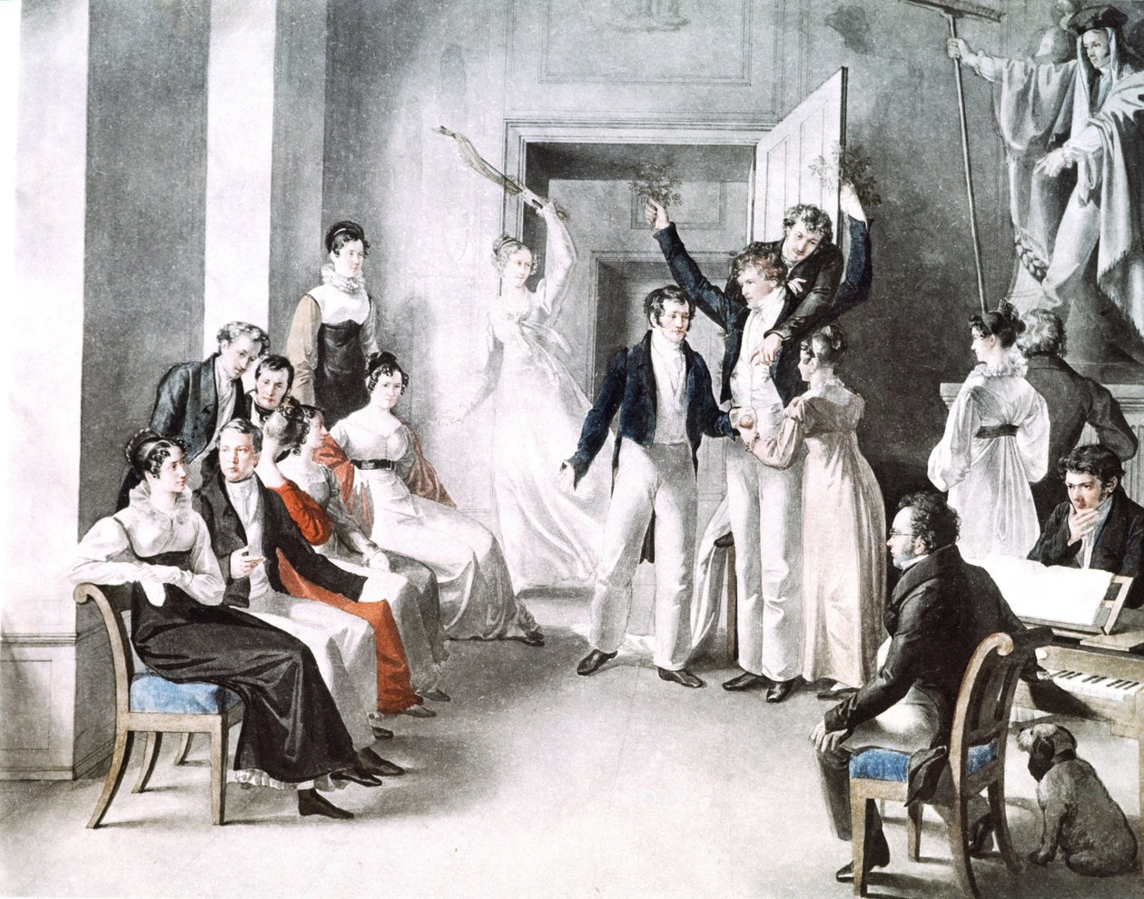 Schubertians musikaliska möte. Schubert sitter i stolen till höger. Akvarell av Kupelniesen av Leopold Kupelwieser