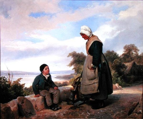 Bondkvinna och pojke (olja på duk) av Leopold Leprince