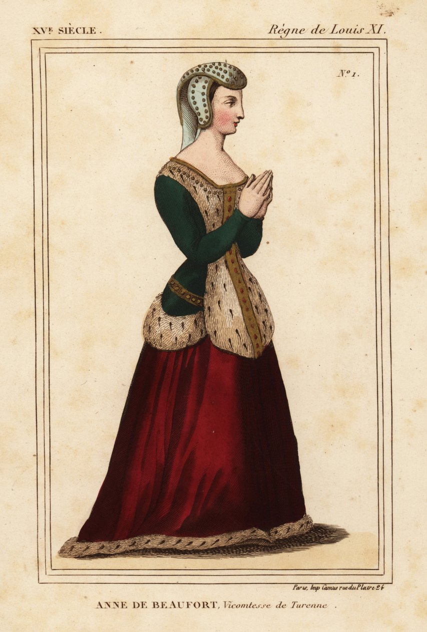 Anne Rogier de Beaufort, Viccountess de Turenne 1435-1479. Handfärgad litografi efter ett fönster i rostfritt glas i kyrkan Cordelieres de Nantes i Roger de Gaignieres portfölj VI 11 från Le Bibliophile Jacob aka Paul Lacroix