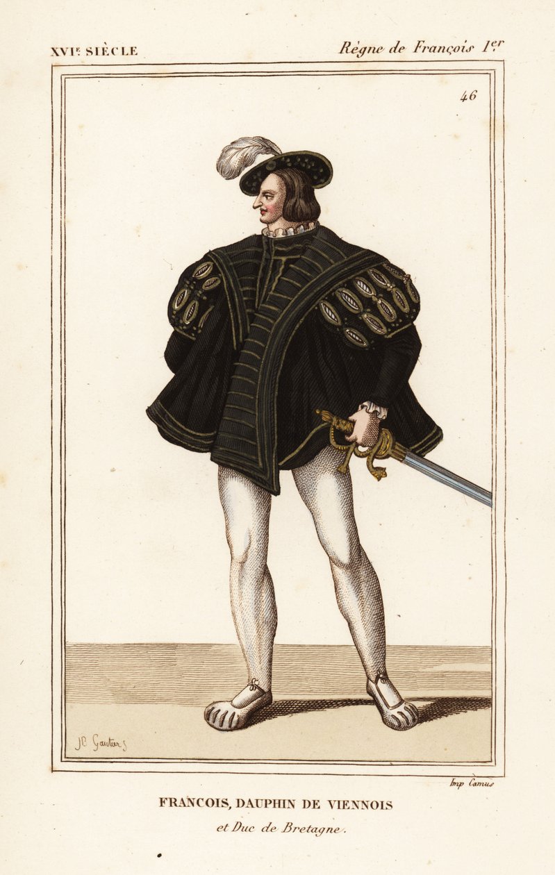 Frans III, hertig av Bretagne 1518-1536. Francois, wiensk delfin och hertig av Bretagne. Handfärgad litografi av J.B. Gautier efter ett porträtt i Roger de Gaignieres portfolio VIII 14 från Le Bibliophile Jacob aka Paul Lacroix